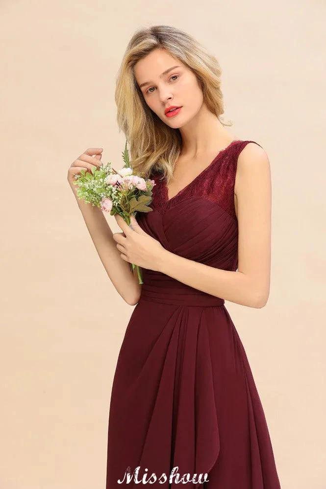 Elegant V-Neck aline Bridesmaid Dress Burgundy Backless Chiffon Party Dress by misshow.com
