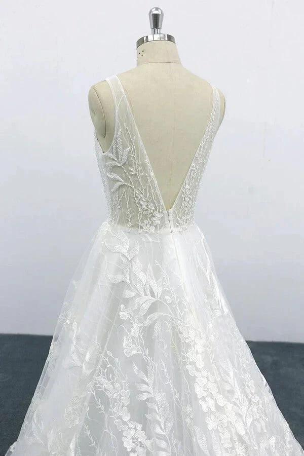 Elegant V-neck Appliques Tulle A-line Wedding Dress by misshow.com