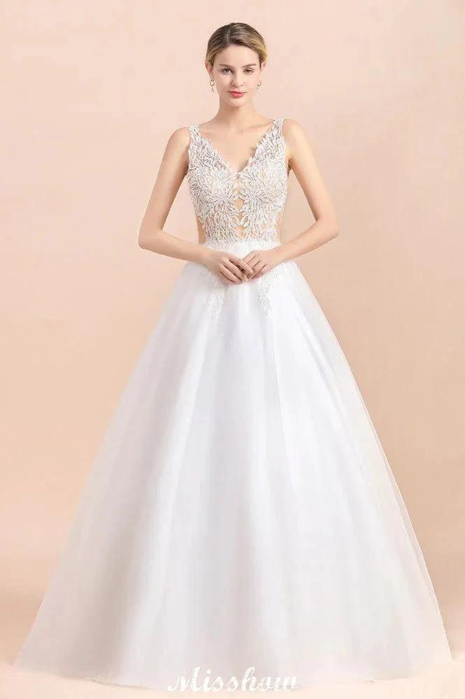 Elegant V-Neck Floral Lace A-line Wedding Dress Beach Sleeveless Tulle Church Dress by misshow.com