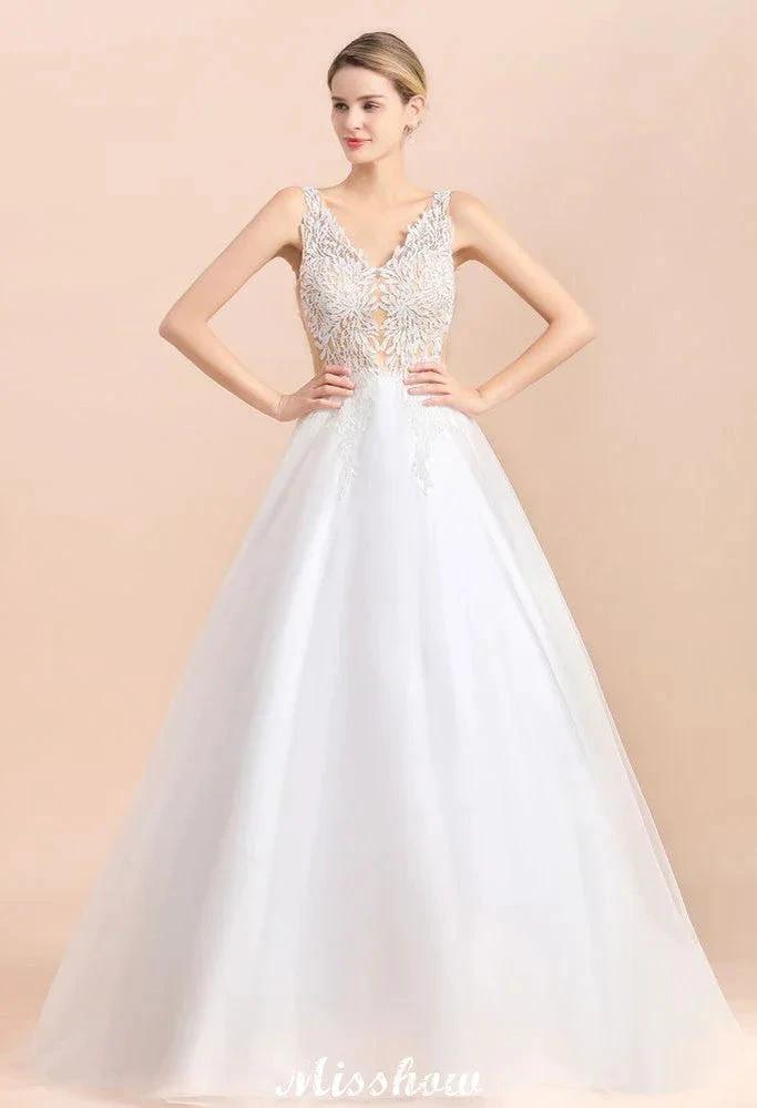 Elegant V-Neck Floral Lace A-line Wedding Dress Beach Sleeveless Tulle Church Dress by misshow.com