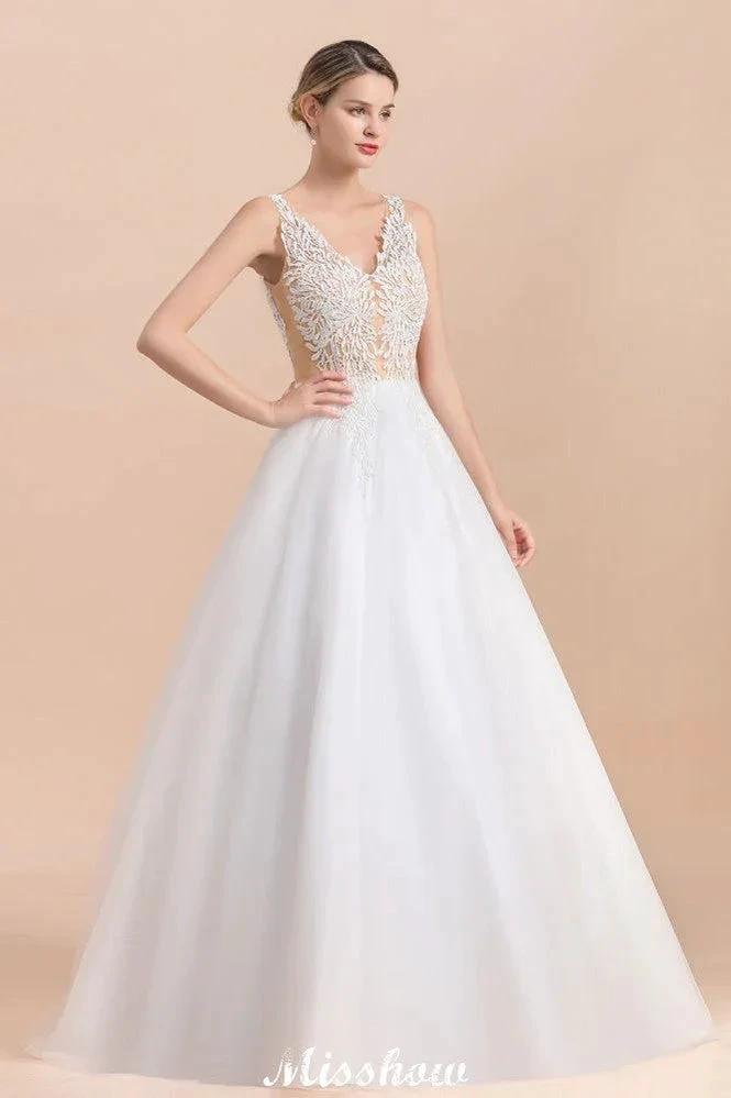 Elegant V-Neck Floral Lace A-line Wedding Dress Beach Sleeveless Tulle Church Dress by misshow.com