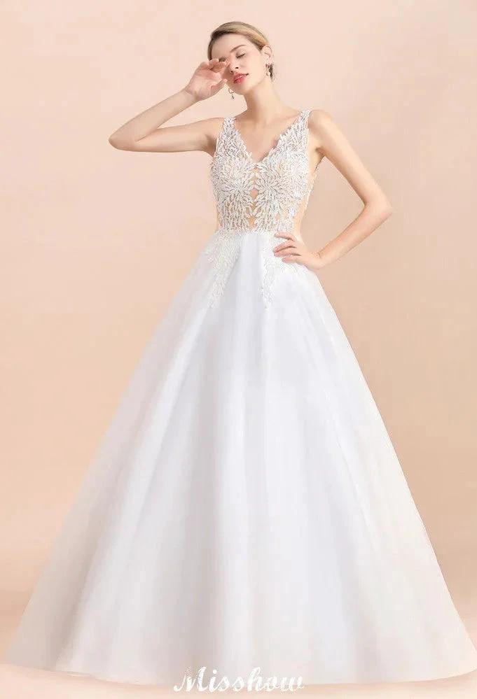 Elegant V-Neck Floral Lace A-line Wedding Dress Beach Sleeveless Tulle Church Dress by misshow.com
