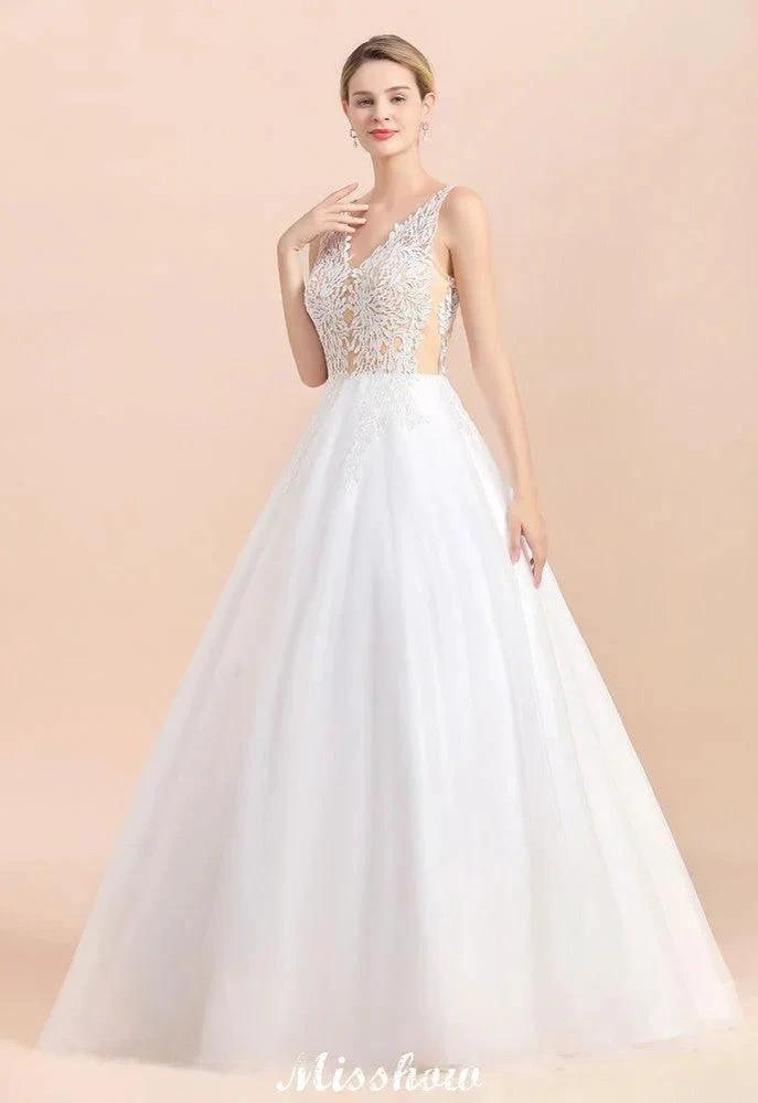 Elegant V-Neck Floral Lace A-line Wedding Dress Beach Sleeveless Tulle Church Dress by misshow.com