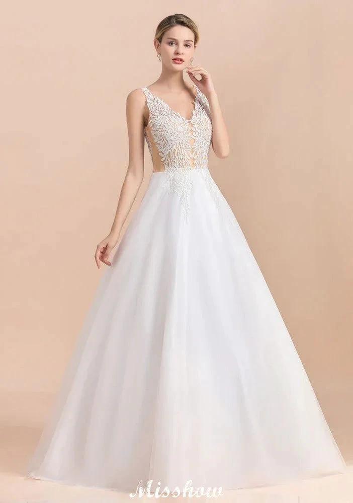 Elegant V-Neck Floral Lace A-line Wedding Dress Beach Sleeveless Tulle Church Dress by misshow.com