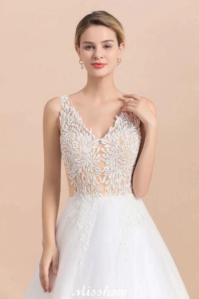 Elegant V-Neck Floral Lace A-line Wedding Dress Beach Sleeveless Tulle Church Dress by misshow.com