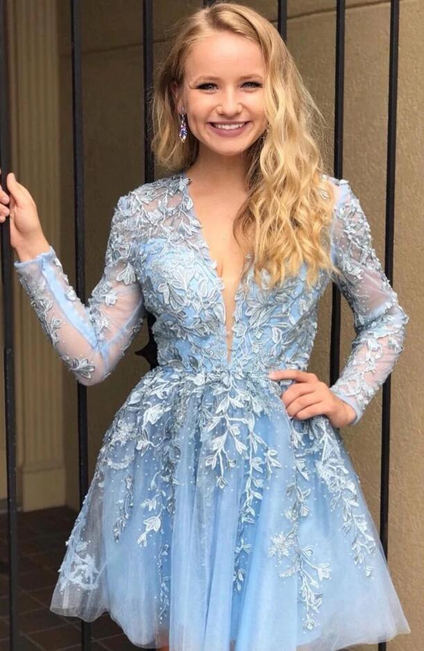 Elegant V-neck Lace Tulle A-line Short Prom Dress with Sleeves by BIZTUNNEL