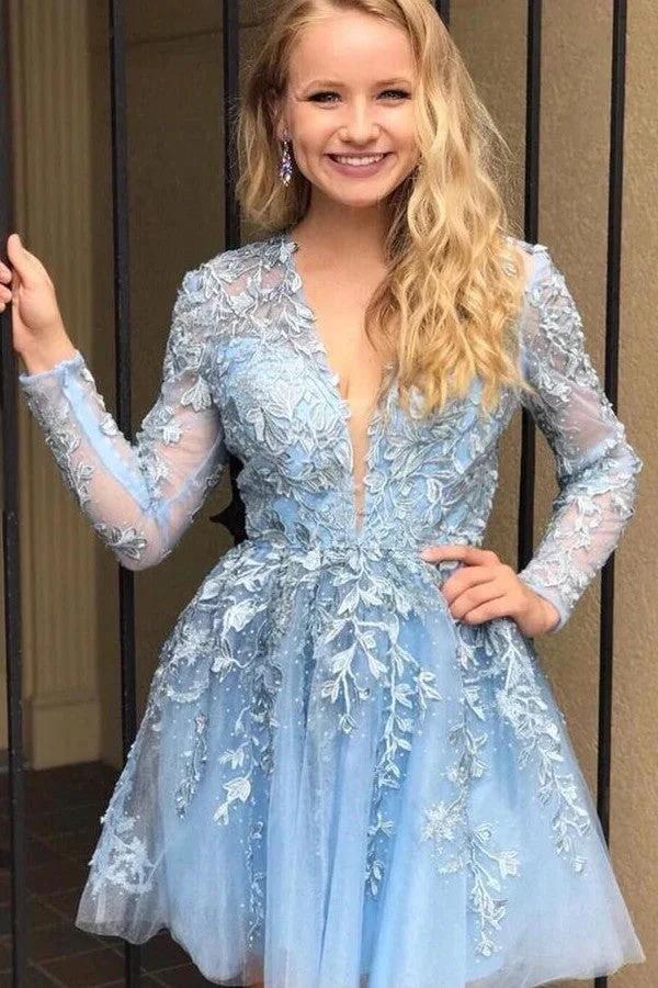 Elegant V-neck Lace Tulle A-line Short Prom Dress with Sleeves by BIZTUNNEL