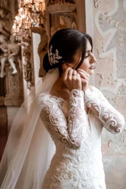 Elegant V-Neck Long-Sleeve Mermaid Floor-Length Lace Wedding Dresses with Chapel Trian by misshow.com