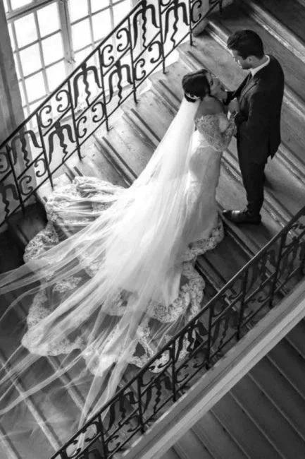 Elegant V-Neck Long-Sleeve Mermaid Floor-Length Lace Wedding Dresses with Chapel Trian by misshow.com