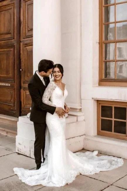 Elegant V-Neck Long-Sleeve Mermaid Floor-Length Lace Wedding Dresses with Chapel Trian by misshow.com