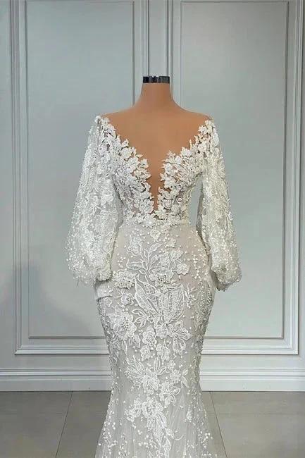 Elegant V-neck Long Sleeves Mermaid Lace Wedding Dress by misshow.com