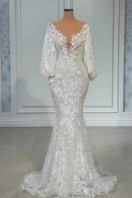 Elegant V-neck Long Sleeves Mermaid Lace Wedding Dress by misshow.com