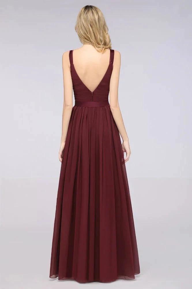Elegant V-Neck Strap Backless Ruffles Chiffon Floor-Length Bridesmaid Dress by misshow.com