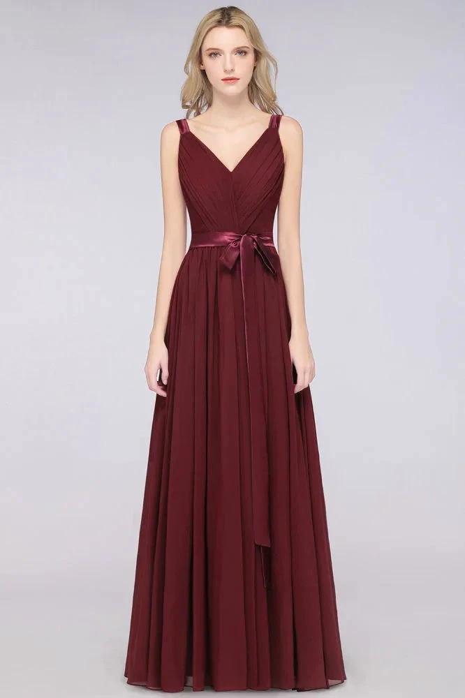 Elegant V-Neck Strap Backless Ruffles Chiffon Floor-Length Bridesmaid Dress by misshow.com