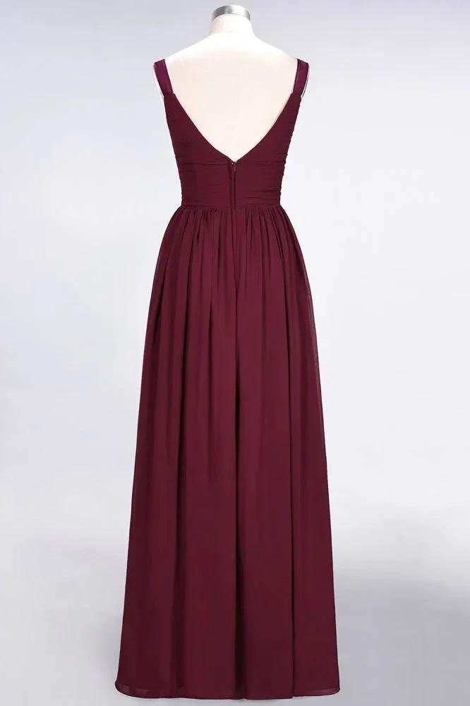 Elegant V-Neck Strap Backless Ruffles Chiffon Floor-Length Bridesmaid Dress by misshow.com
