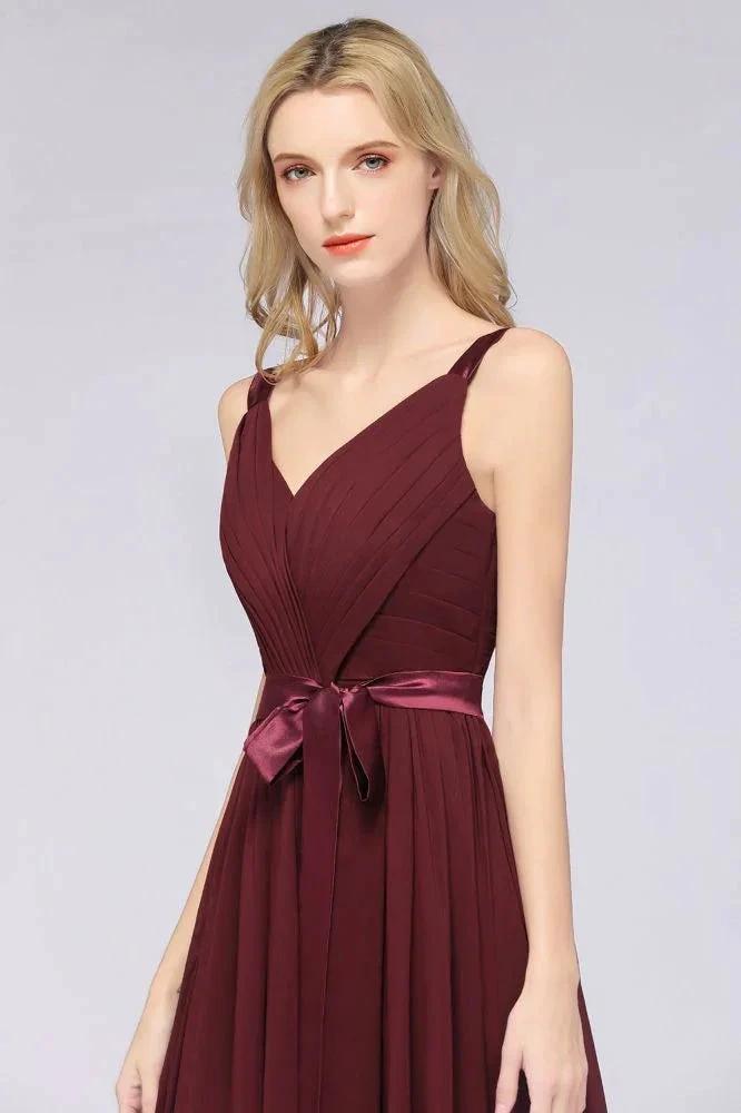Elegant V-Neck Strap Backless Ruffles Chiffon Floor-Length Bridesmaid Dress by misshow.com