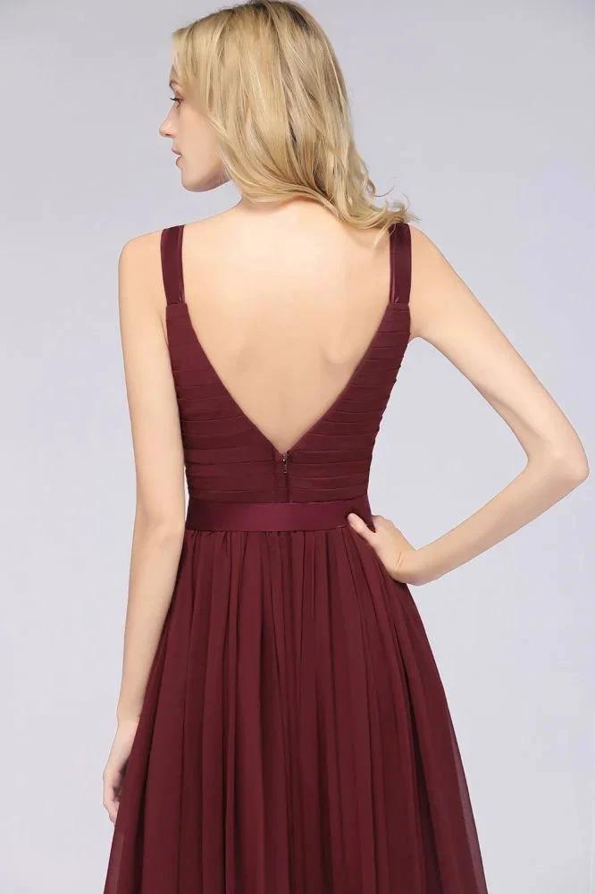 Elegant V-Neck Strap Backless Ruffles Chiffon Floor-Length Bridesmaid Dress by misshow.com