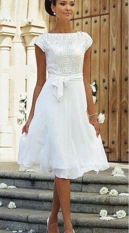 Elegant White A-line Chiffon Wedding Dress With Short Sleeve by misshow.com