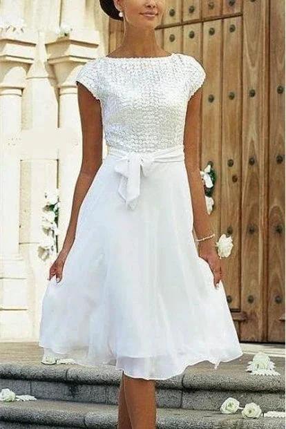 Elegant White A-line Chiffon Wedding Dress With Short Sleeve by misshow.com