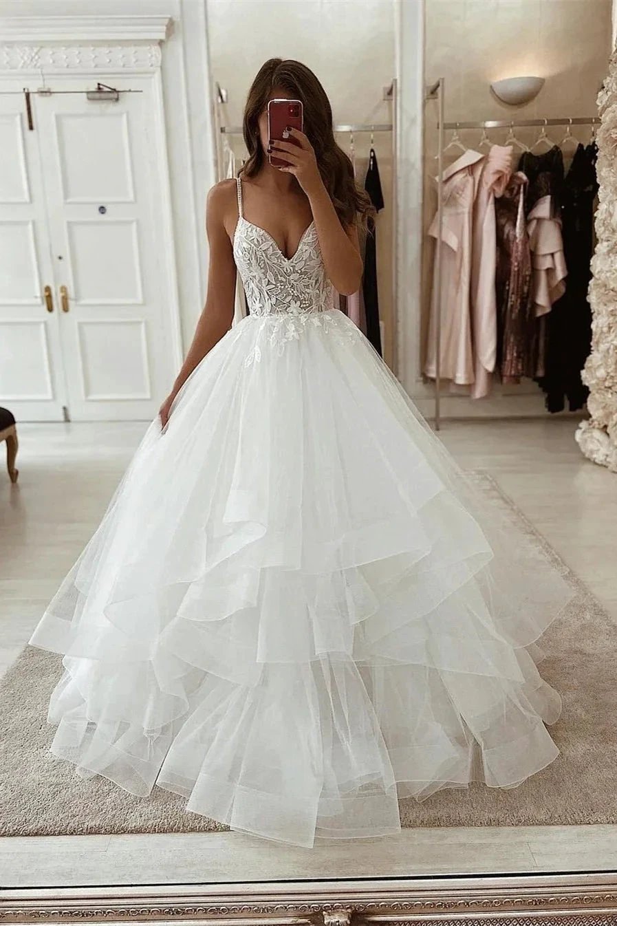 Elegant White A-line Sleeveless V-neck Tulle Wedding Dress With Lace by misshow.com
