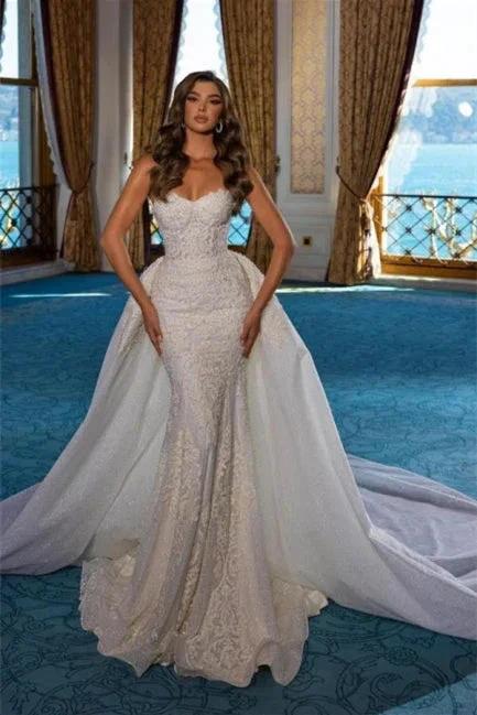 Elegant White Long A-Line Sleeveless Wedding Dresses With Lace by misshow.com