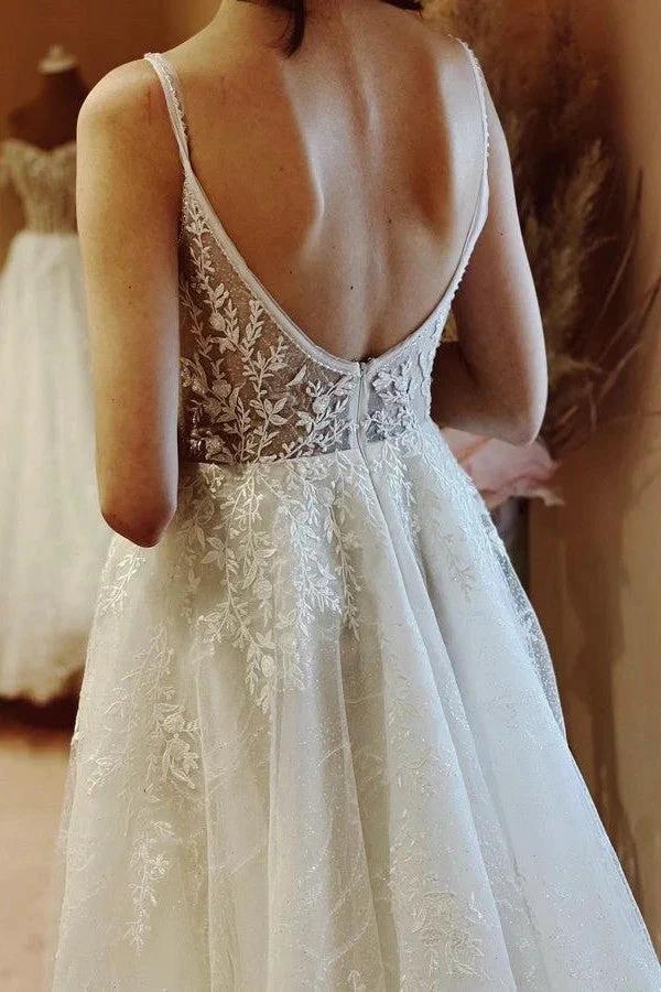 Elegant White Long A-line V-neck Tulle Backless Lace Wedding Dresses by BIZTUNNEL