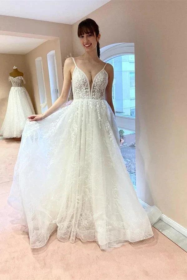 Elegant White Long A-line V-neck Tulle Backless Lace Wedding Dresses by BIZTUNNEL