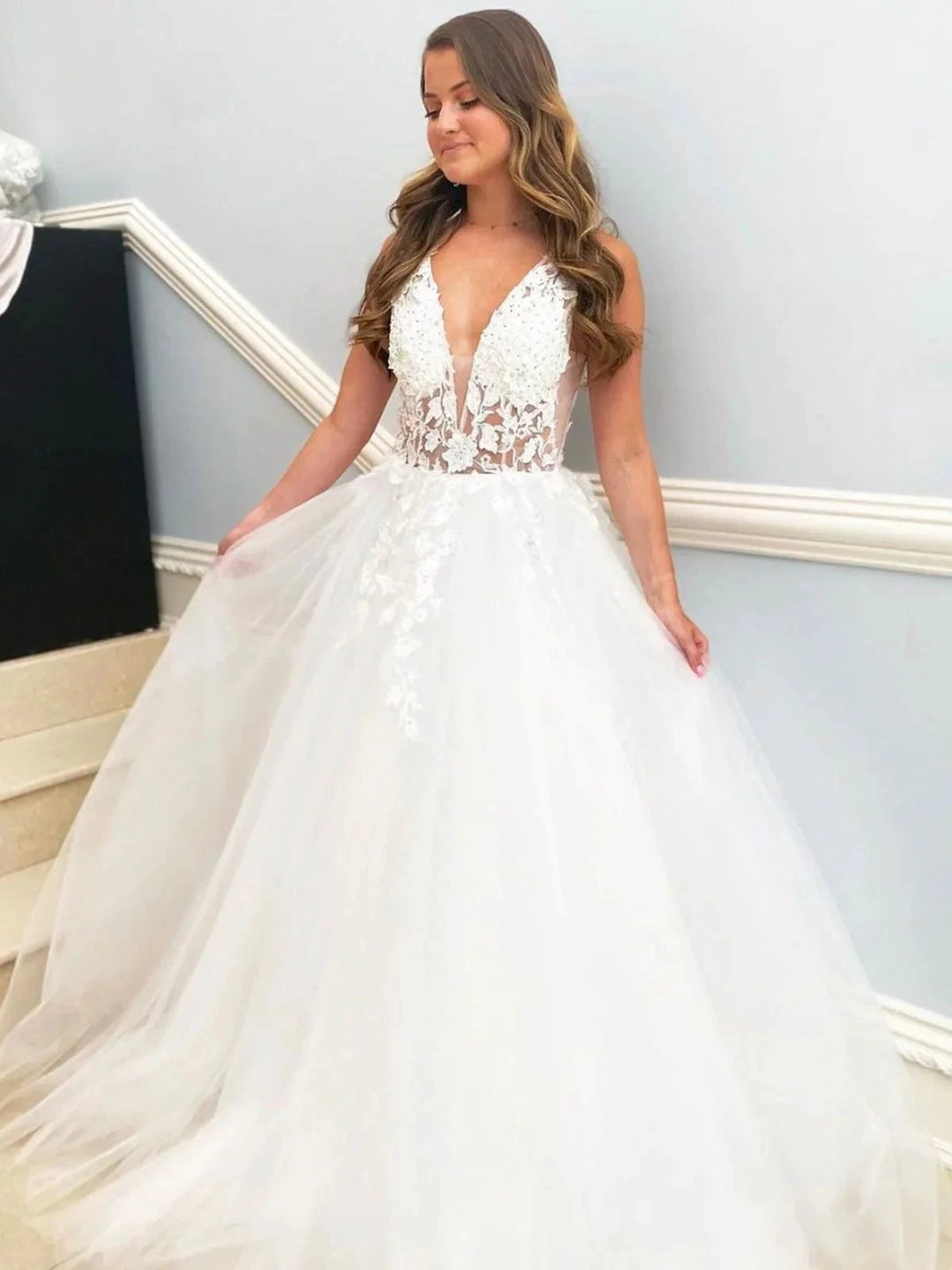 Elegant White Long A-line V Neck Tulle Lace Floral Wedding Dresses by BIZTUNNEL