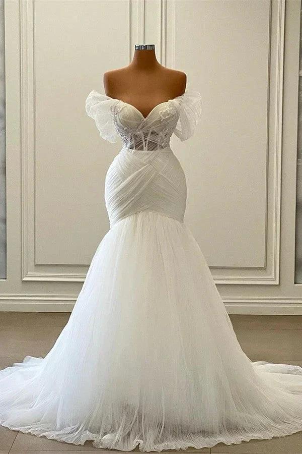 Elegant White Long Mermaid Off the Shoulder Tulle Lace Wedding Dresses by BIZTUNNEL