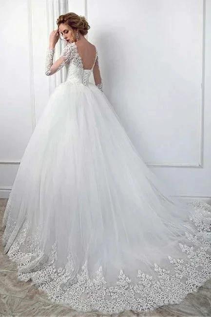 Elegant White Long Sleeves Tulle Bridal Dress Lace Appliques Aline Wedding Gown by misshow.com