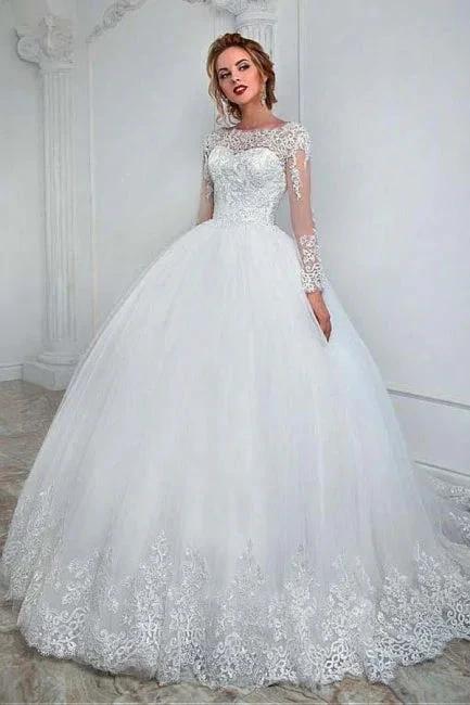 Elegant White Long Sleeves Tulle Bridal Dress Lace Appliques Aline Wedding Gown by misshow.com