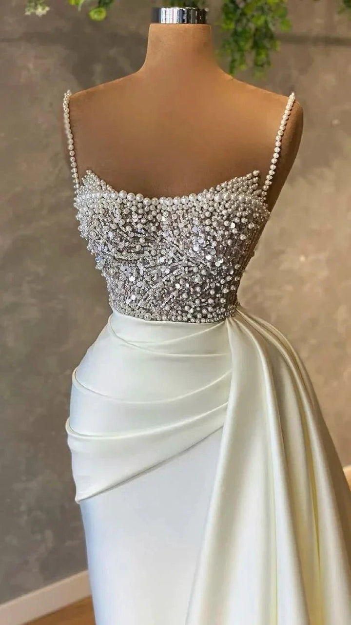 Elegant White Sequined Sleeveless Mermaid Wedding Dresses With Pearl by misshow.com