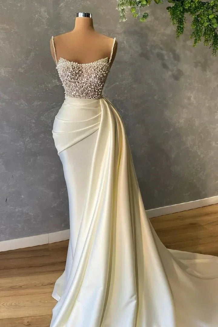 Elegant White Sequined Sleeveless Mermaid Wedding Dresses With Pearl by misshow.com