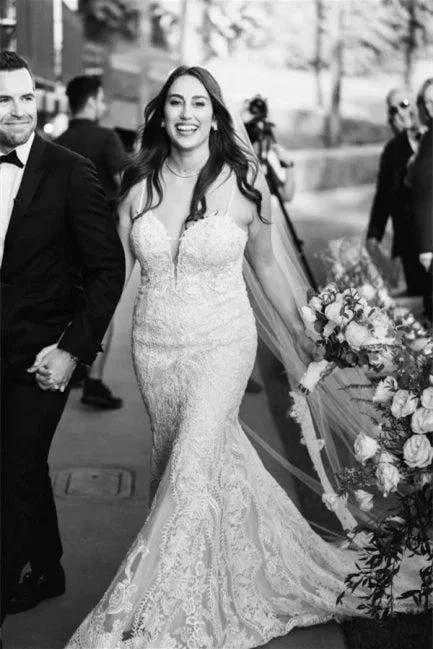 Elegant White V-neck Backless Mermaid Wedding Dresses With Lace by misshow.com