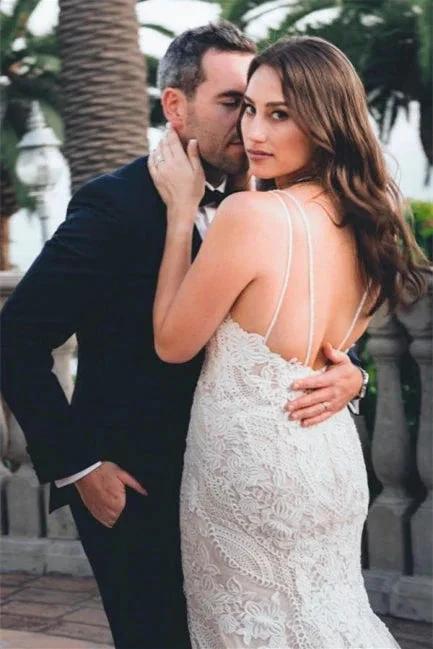 Elegant White V-neck Backless Mermaid Wedding Dresses With Lace by misshow.com