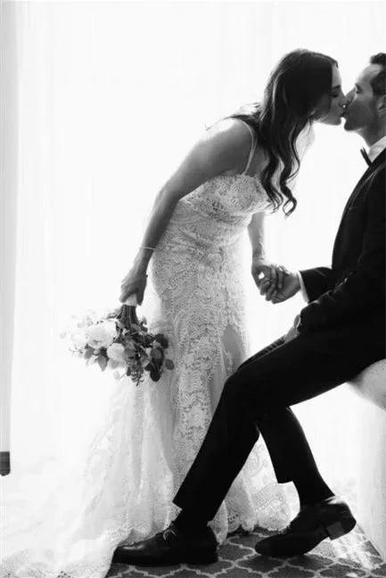 Elegant White V-neck Backless Mermaid Wedding Dresses With Lace by misshow.com