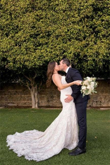Elegant White V-neck Backless Mermaid Wedding Dresses With Lace by misshow.com