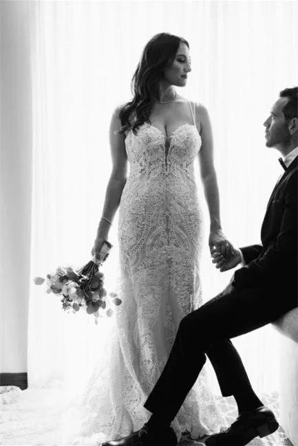 Elegant White V-neck Backless Mermaid Wedding Dresses With Lace by misshow.com