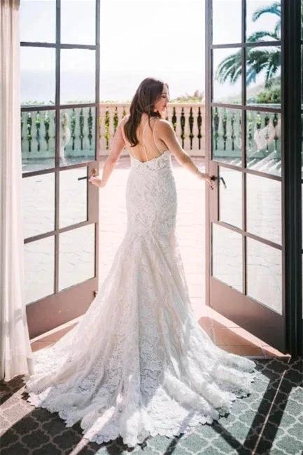 Elegant White V-neck Backless Mermaid Wedding Dresses With Lace by misshow.com