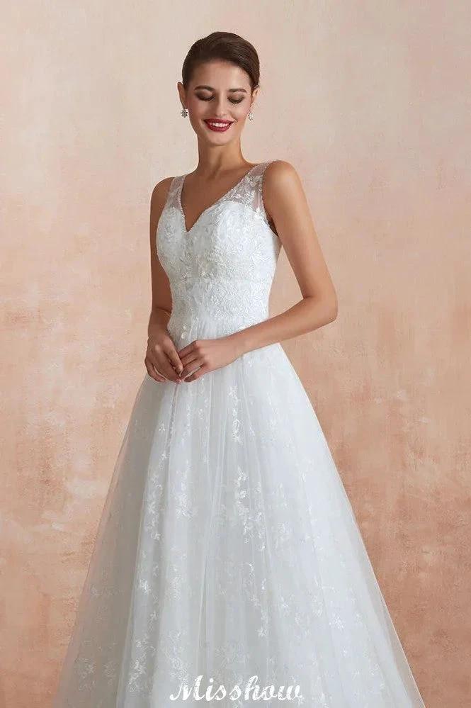 Elegant White V-Neck Princess Wedding Dress Aline Tulle Lace Bridal Gown by misshow.com