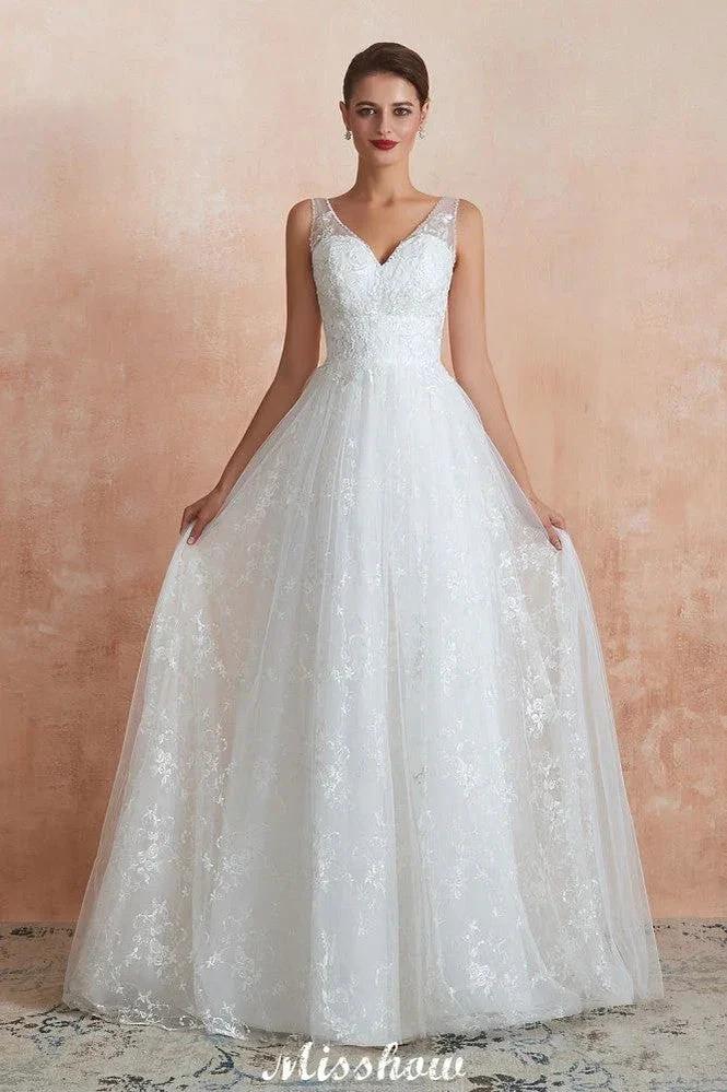 Elegant White V-Neck Princess Wedding Dress Aline Tulle Lace Bridal Gown by misshow.com