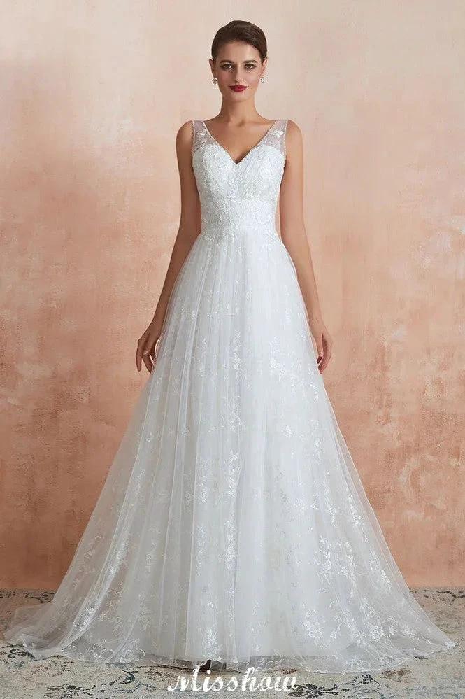 Elegant White V-Neck Princess Wedding Dress Aline Tulle Lace Bridal Gown by misshow.com