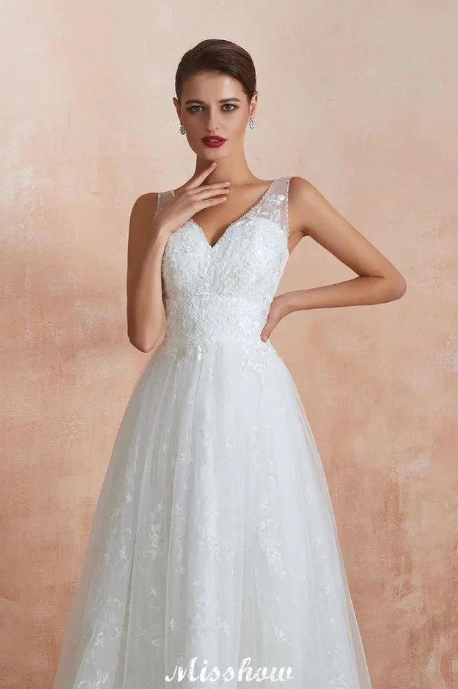 Elegant White V-Neck Princess Wedding Dress Aline Tulle Lace Bridal Gown by misshow.com