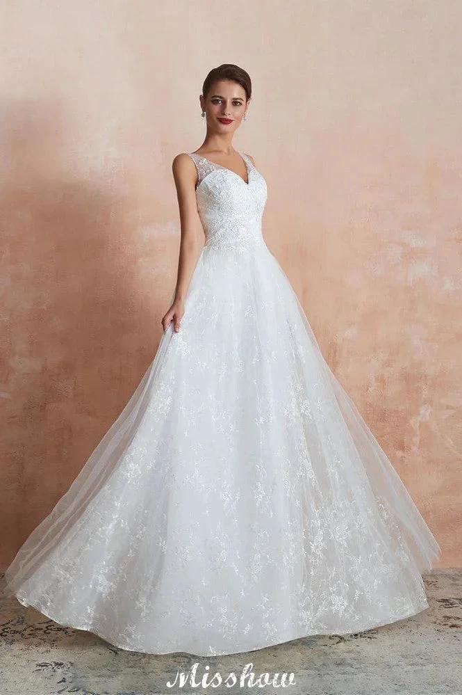 Elegant White V-Neck Princess Wedding Dress Aline Tulle Lace Bridal Gown by misshow.com