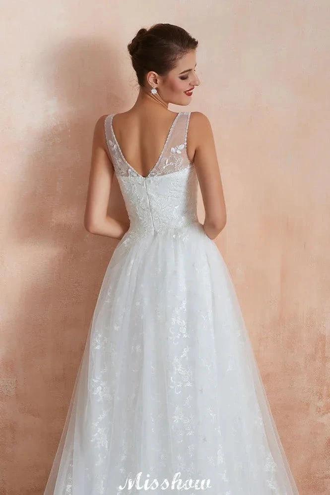 Elegant White V-Neck Princess Wedding Dress Aline Tulle Lace Bridal Gown by misshow.com