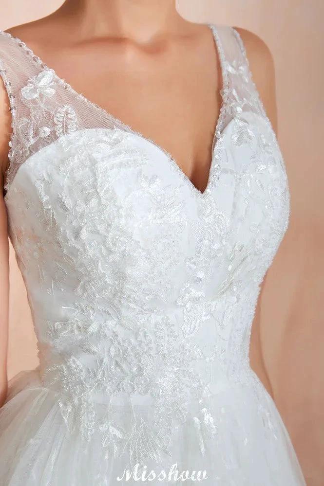 Elegant White V-Neck Princess Wedding Dress Aline Tulle Lace Bridal Gown by misshow.com