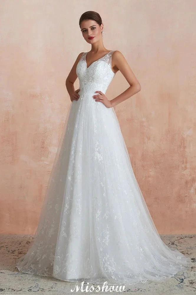 Elegant White V-Neck Princess Wedding Dress Aline Tulle Lace Bridal Gown by misshow.com