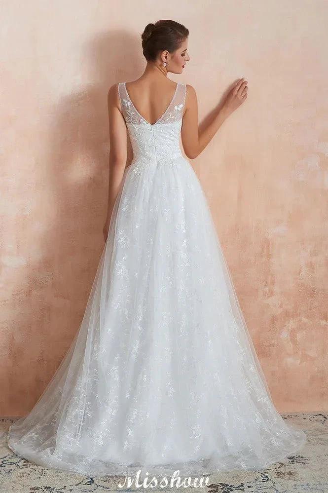 Elegant White V-Neck Princess Wedding Dress Aline Tulle Lace Bridal Gown by misshow.com