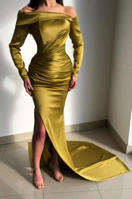 Elegant Yellow Off-the-shoulder Long-Sleeve Mermaid Long-Sleeve Prom Dresses by misshow.com