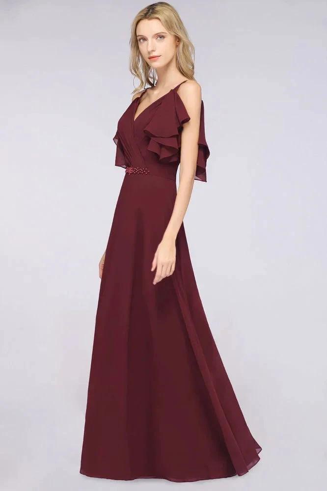 Elgant Ruffles Chiffon Floor-Length Bridesmaid Dress Aline Pearls Sleeveless Wedding Party Dress by misshow.com